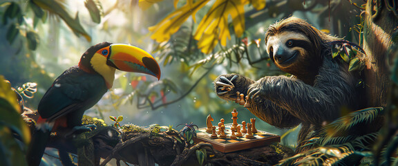 A sloth hanging lazily from a tree branch, its claws moving chess pieces on a board below, challenging a toucan to a thoughtful game - obrazy, fototapety, plakaty