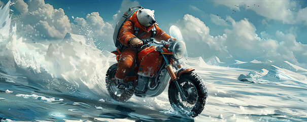 A polar bear scientist inventing a superconductive electric motorcycle that glides silently over the ice, leaving no trace behind - obrazy, fototapety, plakaty