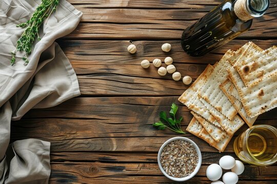 Symbolic Passover (Pesach) objects on a hardwood background in a flat lay arrangement. Generative Ai
