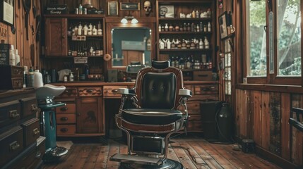 A stylish vintage-looking barber chair is situated in a wooden-themed interior, creating a classic barbershop atmosphere. - obrazy, fototapety, plakaty
