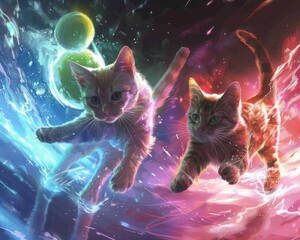 Quantum-tunneling cats in a cross-dimensional tennis match - obrazy, fototapety, plakaty