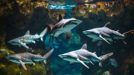 Fototapeta premium Group of Sharks Swimming in an Aquarium