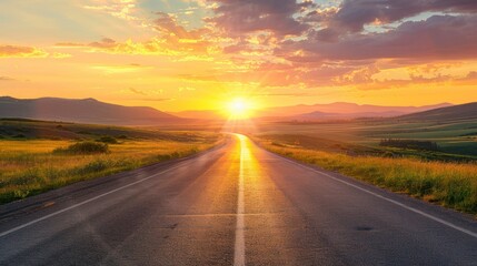 Open road stretching into a sunrise conveying the journey of life and endless possibilities - obrazy, fototapety, plakaty