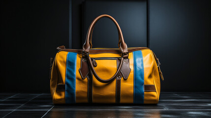 Blue and yellow duffel bag sitting on top of black