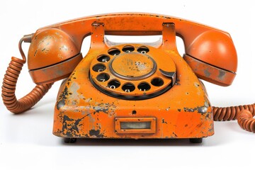 On a white background, an old orange vintage phone receiver hotline is separated. Generative Ai