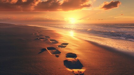 Footprints leading towards the ocean at sunset indicating personal journey and finding peace - obrazy, fototapety, plakaty