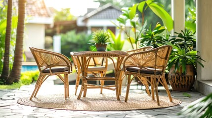 Elegant bamboo chairs and a table on a breezy patio highlighting sustainable materials in furniture design - obrazy, fototapety, plakaty