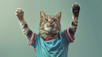 Digital art of a cat wearing a soccer jersey executing a perfect header - obrazy, fototapety, plakaty