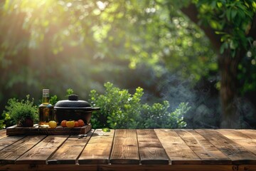 Table with a grill in the summertime background, copy space, and BBQ. Generative Ai