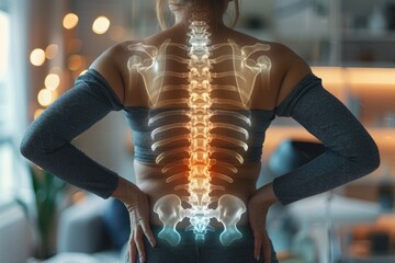 Woman experiencing back discomfort at home due to lumbar intervertebral spine hernia. Generative Ai