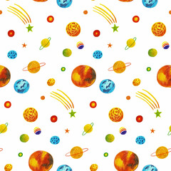 Space pattern with cute planets, cartoon style