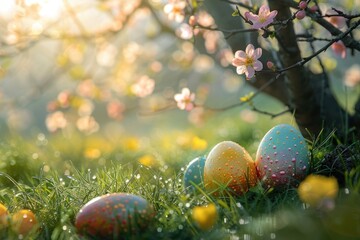 Lovely springtime Easter eggs outside behind a tree with copy space. Generative Ai