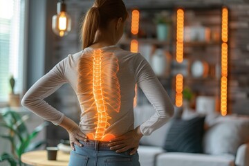 Woman experiencing back discomfort at home due to lumbar intervertebral spine hernia. Generative Ai - obrazy, fototapety, plakaty