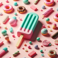 Obraz premium popsicle with candies surrounding it. delicious ice cream with various sweets