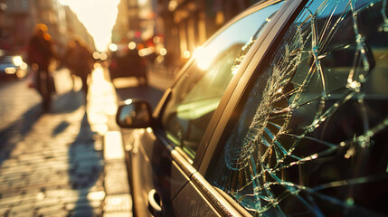 Shattered Glass and Sunset Streets: Urban Vehicle Vandalism - obrazy, fototapety, plakaty