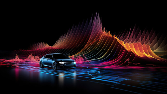 Car audio installation service concept with auto vehicle surrounded by music and sound waves equalizer
