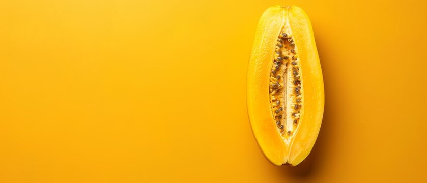   Close-up photo of a juicy fruit on a yellow background, showing a taken bite