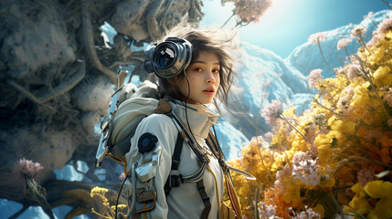 girl in a spacesuit on a fabulous planet - obrazy, fototapety, plakaty