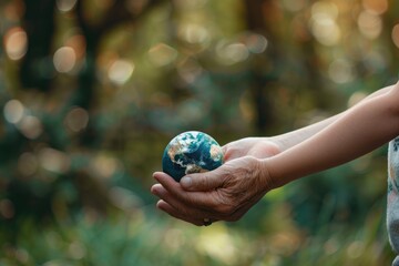 Senior hands holding a small planet Earth in close-up. Generative Ai