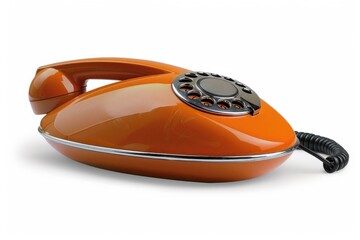 On a white background, an old orange vintage phone receiver hotline is separated. Generative Ai