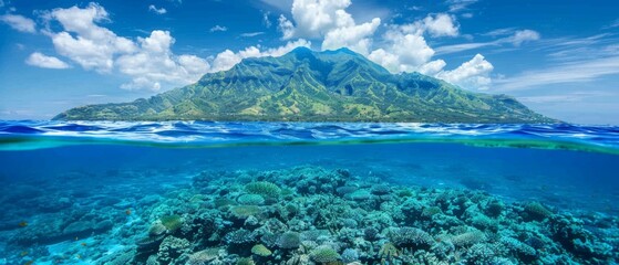  Underwater view of a coral reef with an island in the distance on a sunny day in the middle of the ocean