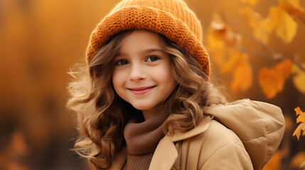 Portrait of a smiling little girl in a beige coat and hat in the autumn park.