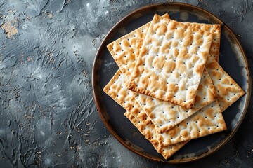 Matzo and plate from above, with a good Passover greeting. Generative Ai