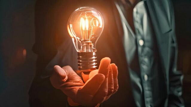 Businessperson holding illuminated light bulb. Creative thinking and solution concept for design and poster
