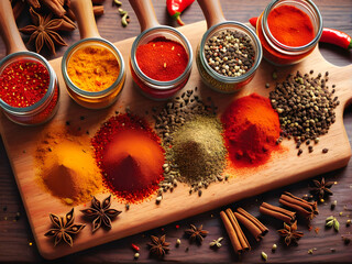A Feast for the Senses: Colorful Spices Burst from Jars onto a Rustic Board. generative AI