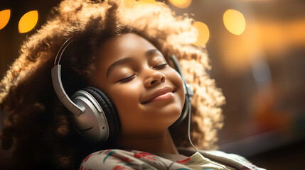 Beautiful african american girl listening to music with headphones at home