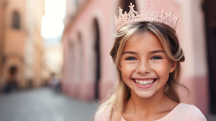 Close up portrait of a cute little girl wearing a crown on her head