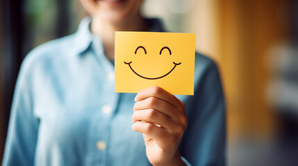 smiling businesswoman holding yellow sticky note with smiley face in office - obrazy, fototapety, plakaty