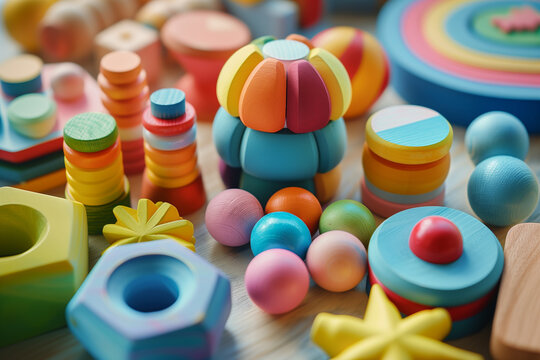 Above view of colorful educational wooden toys amidst children's play area: nurturing executive function, skills, education, and emotional intelligence