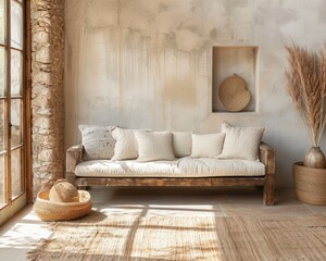A sustainable living room showcasing a sofa crafted from recycled materials - obrazy, fototapety, plakaty