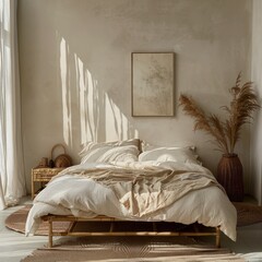 A serene bedroom highlighting a bed frame made from natural bamboo complemented by organic cotton linens and soft