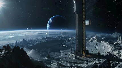 Space elevator to a lunar resort, vacation above the Earth - obrazy, fototapety, plakaty
