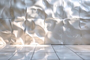 Fototapeta premium Reflective white tiles with wavy distortion, close-up view.