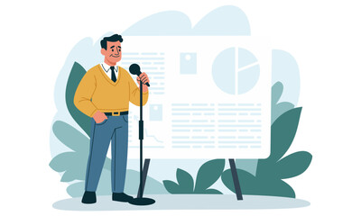 Flat vector illustration. Elderly man is giving presentation, speaking into microphone, presentation banner in the background. Vector illustration
