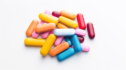 Multi-colored bright tablets on a white background.