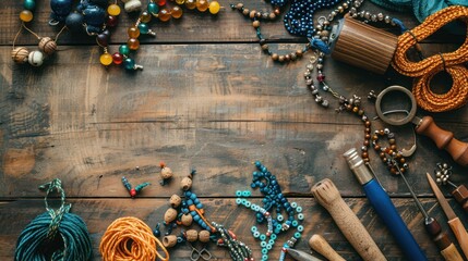 Assorted beads and jewelry-making tools laid out on a wooden surface - obrazy, fototapety, plakaty