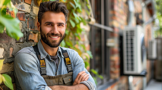 A man in work clothes leans against a brick wall, a smile on his face. This image reflects the essence of urban professionalism. Handyman for advertising.