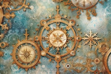 Fototapeta na wymiar Steampunk Snowflakes a Captivating Background of Victorian-Inspired Cogs, Gears, and Snowflake MagicSteampunk Snowflakes a Captivating Background of Victorian-Inspired Cogs, Gears, and Snowflake Mag
