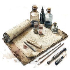 An illustration of a beautifully organized calligraphy set including ink bottles