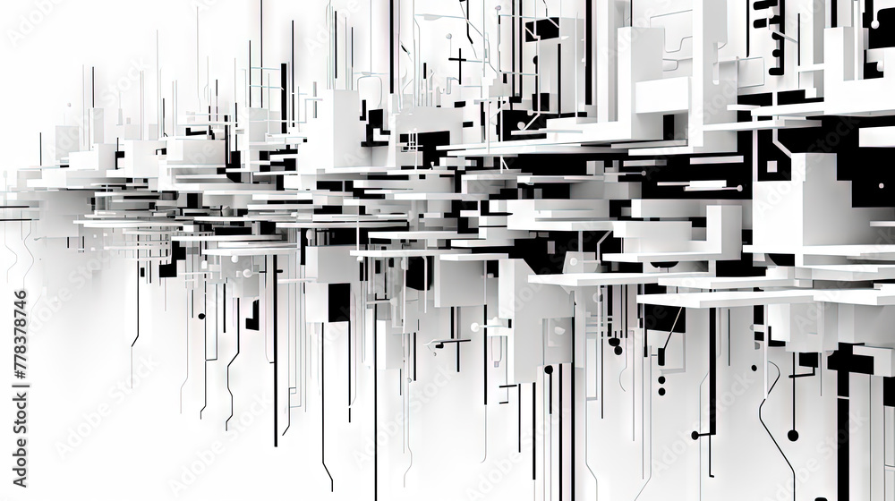 Poster Abstract circuit board concept with black track lines on white background.