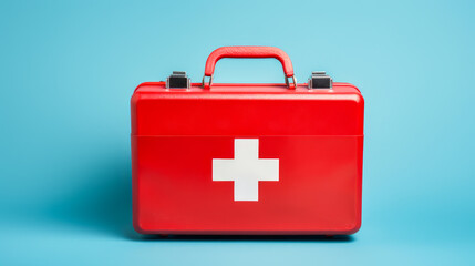 Red first aid kit with a cross with medicines on a blue background.