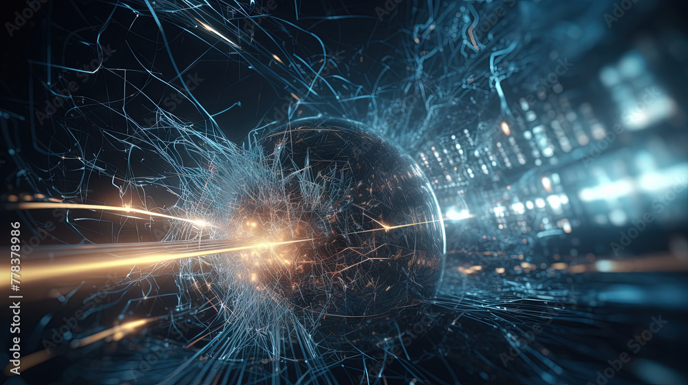 Poster Abstract technology burst with glowing wires and particles in motion. Technology and science dynamic background.