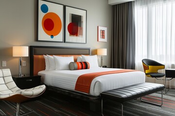 Stylish modern hotel room with clean lines and colorful minimalist decor