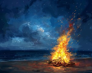 Beach bonfire clipart with crackling flames.