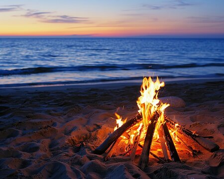 Beach bonfire clipart with crackling flames.