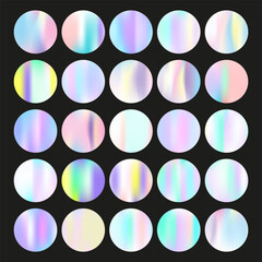 Gradient round set with holographic mesh. Abstract hologram. Iridescent gradient round set. Minimalistic 90s, 80s retro style graphic template for brochure, banner, wallpaper, mobile screen.